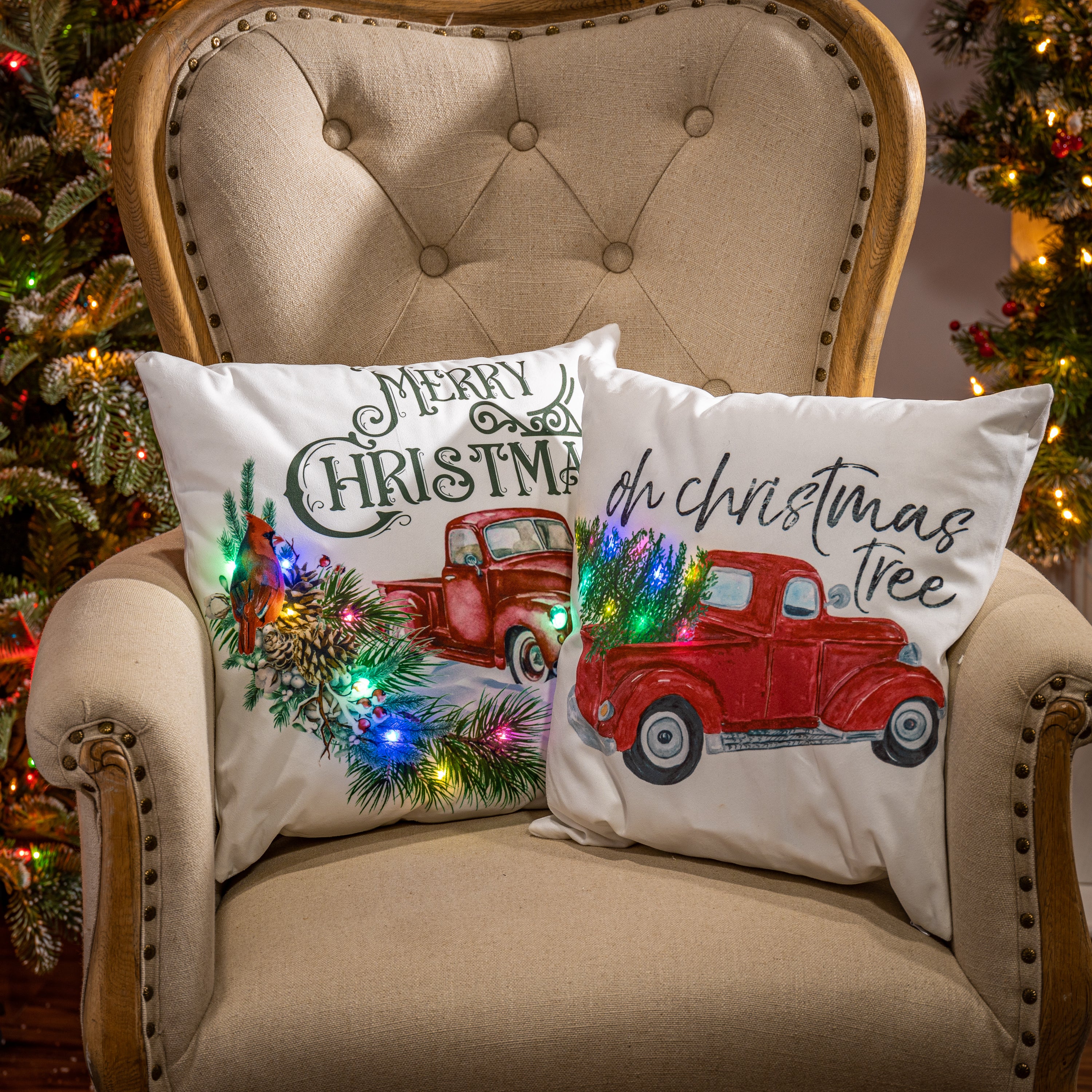 Set of 2 Lighted Christmas Holiday Throw Pillows with Timer
